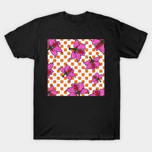 Hong Kong Bauhinia with Orange Tile Floor Pattern - Summer Flower Pattern T-Shirt